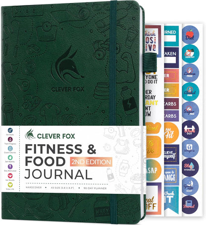 Clever Fox Fitness & Food Journal – Nutrition & Workout Planner for Women & Men – Diet & Gym Exercise Log Book with Calendars, Diet & Training Trackers - Undated, A5 Size, Hardcover (Forest Green)