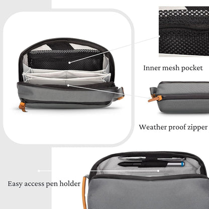 Tech Bag Organizer - Small Electronics Organizer Pouch for Travel - Premium Travel Case with Leather Accents - Mesh Pocket for Cables, Cords and Chargers (Black)