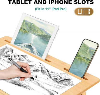 Nnewvante Drawing Table Foldable Drafting Desk with Adjustable Height & Angle Bamboo Drawing Board Easel with Tablet and Phone Slots for Painting, Drafting, Writing, Reading
