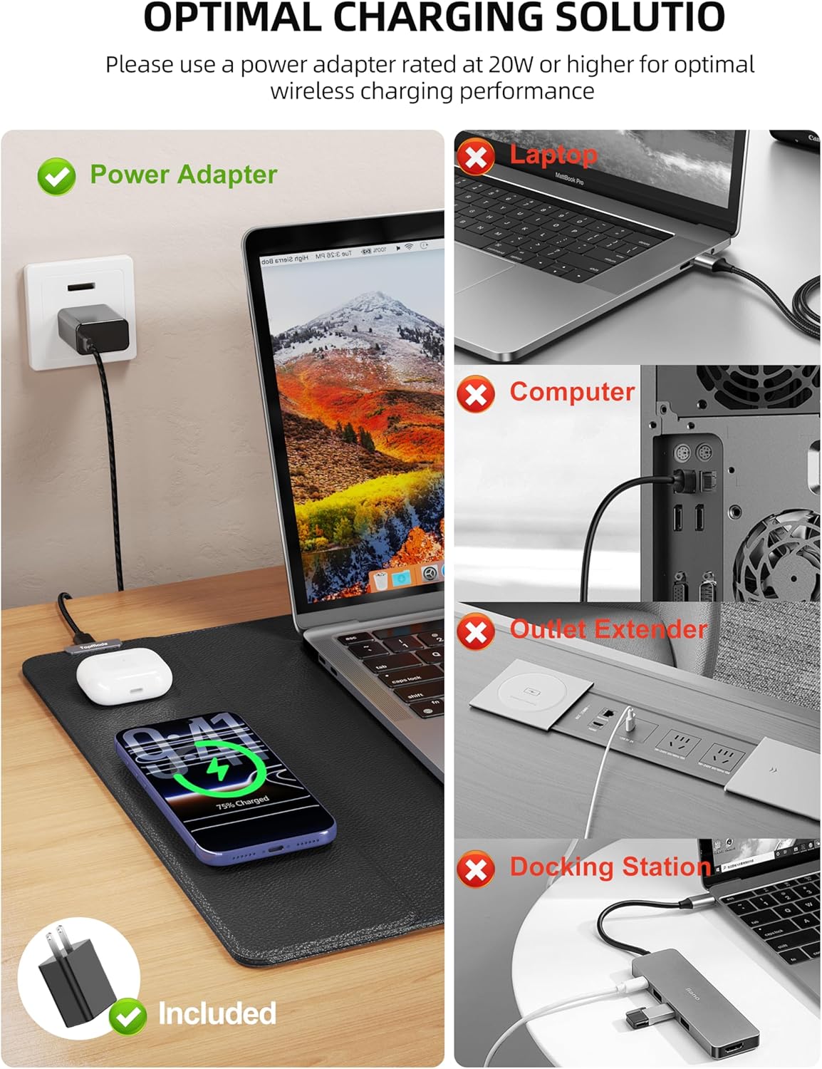 TopMade Mouse Pad with 15W Wireless Charging, XXL Large Leather Desk Mat, Waterproof Gaming Mousepad Home Office Desk Pad Protector, Computer Keyboard Pad, Mouse Mat for MacBook, PC, Laptop, Black