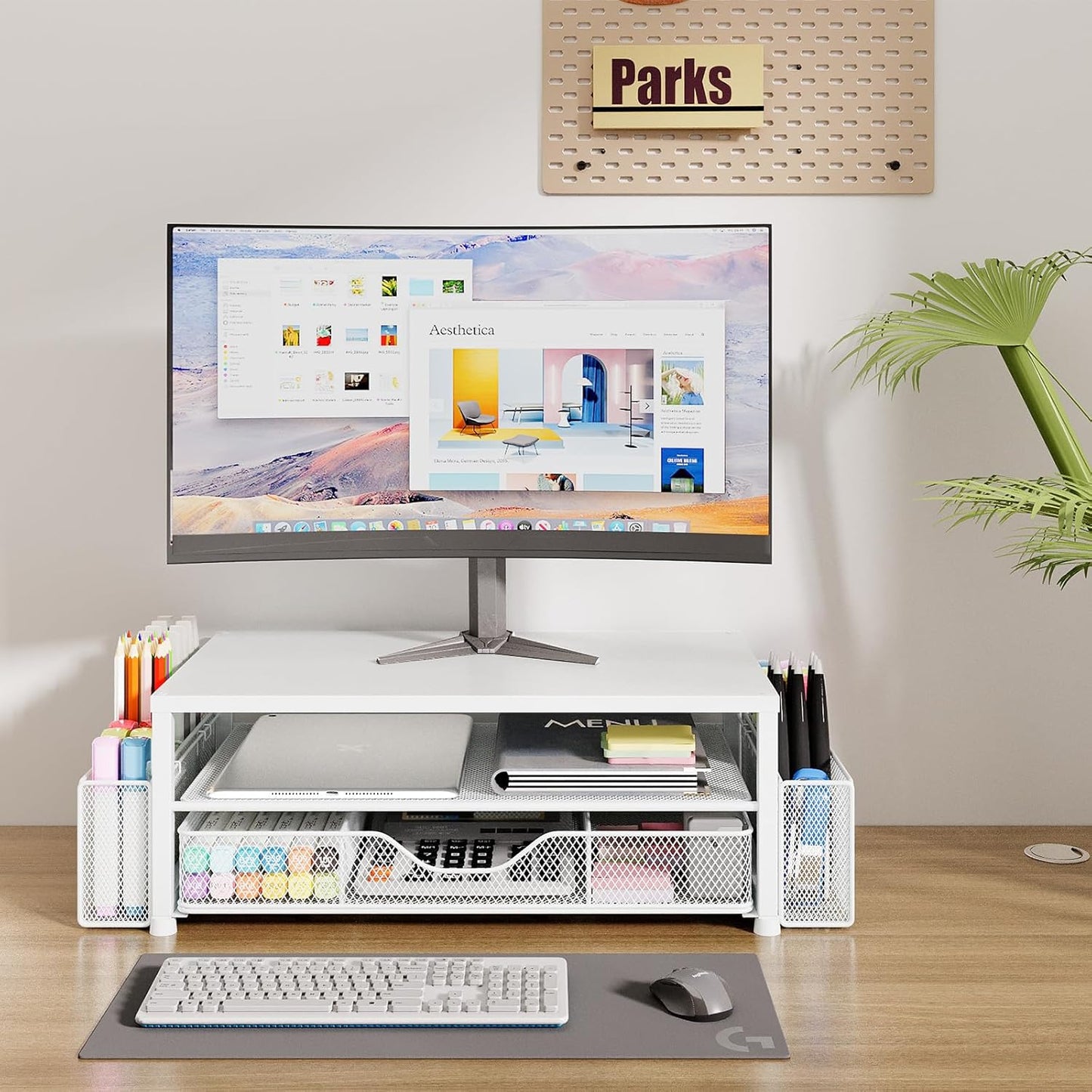 OPNICE Wood Desk Organizers and Accessories, 2-Tier Computer Monitor Stand Riser with Drawer and 2 Pen Holders, Laptop Stand, Office Desk Accessories for Office Supplies, Brown