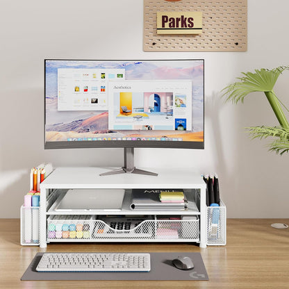 OPNICE Wood Desk Organizers and Accessories, 2-Tier Computer Monitor Stand Riser with Drawer and 2 Pen Holders, Laptop Stand, Office Desk Accessories for Office Supplies, Brown