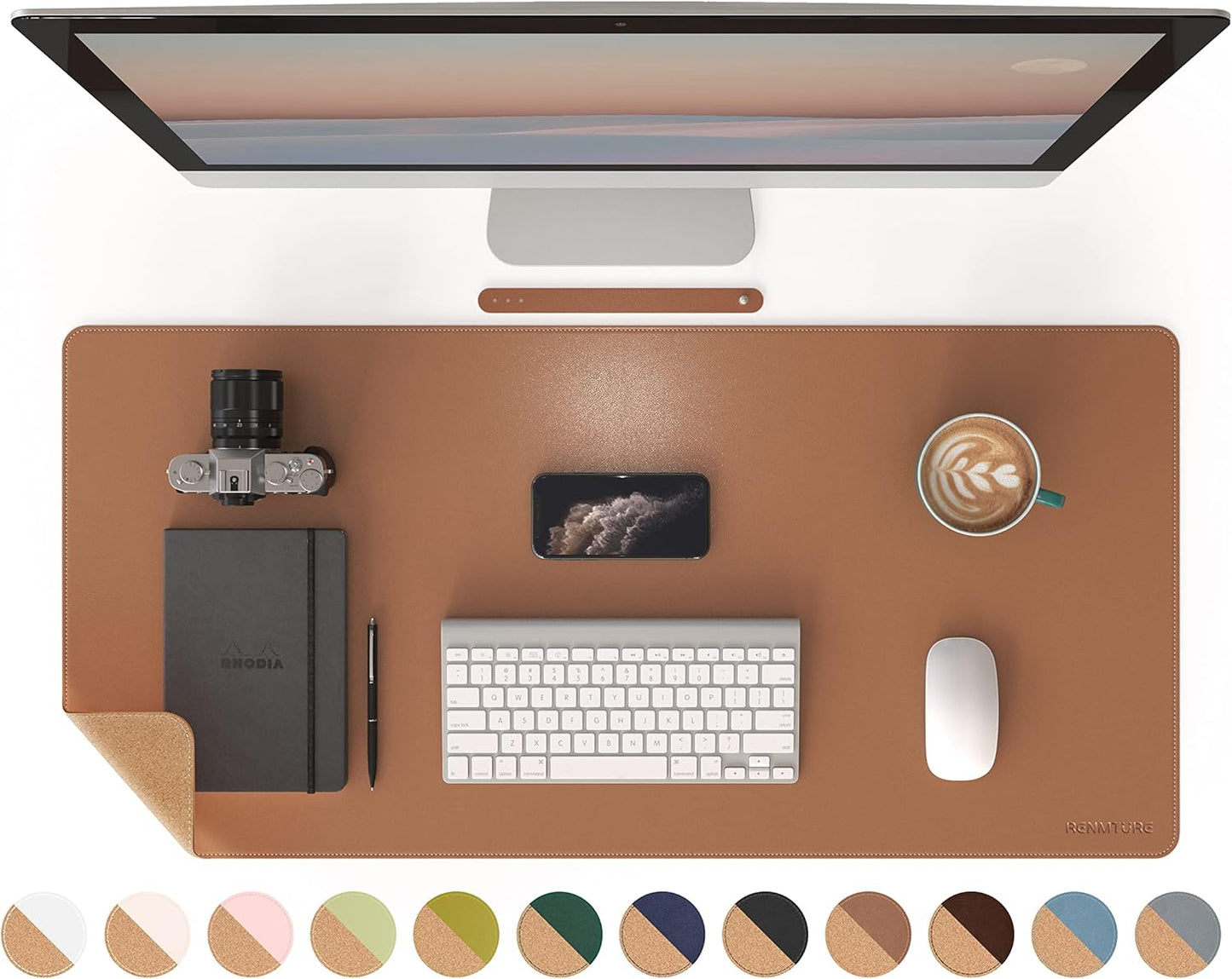 RENMTURE Dual-Sided Mouse Pad, Natural Cork & PU Leather Large Desk Pad for Office and Home Work, Desk Protector Non-Slip, Waterproof, Easy Clean (Olive Green, 32"x16")