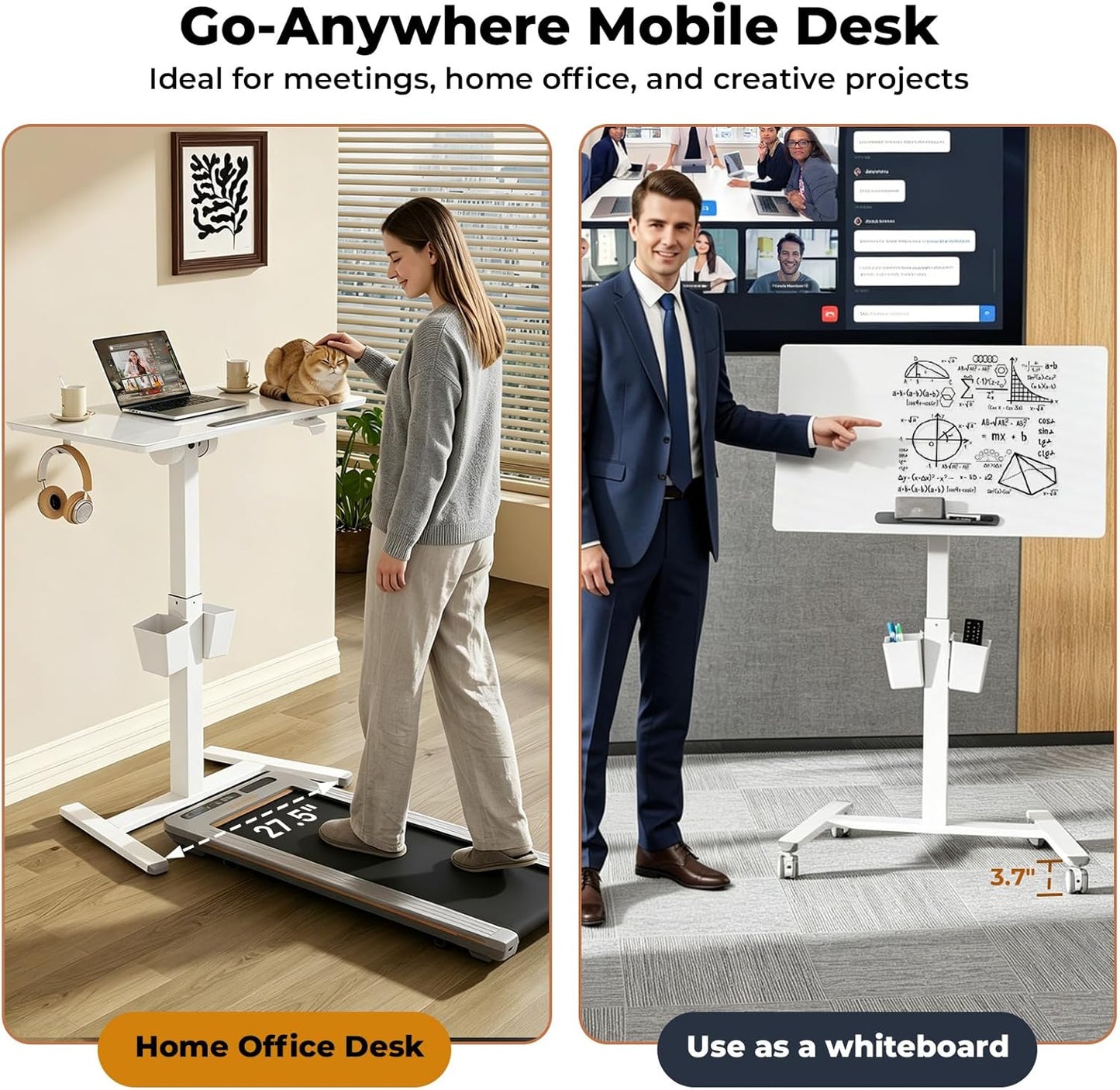 35" Small Glass Mobile Standing Desk, Portable Laptop Cart with Storage & 90° Tilt, Height Adjustable, Rolling Whiteboard on Wheels for Office Home School, White