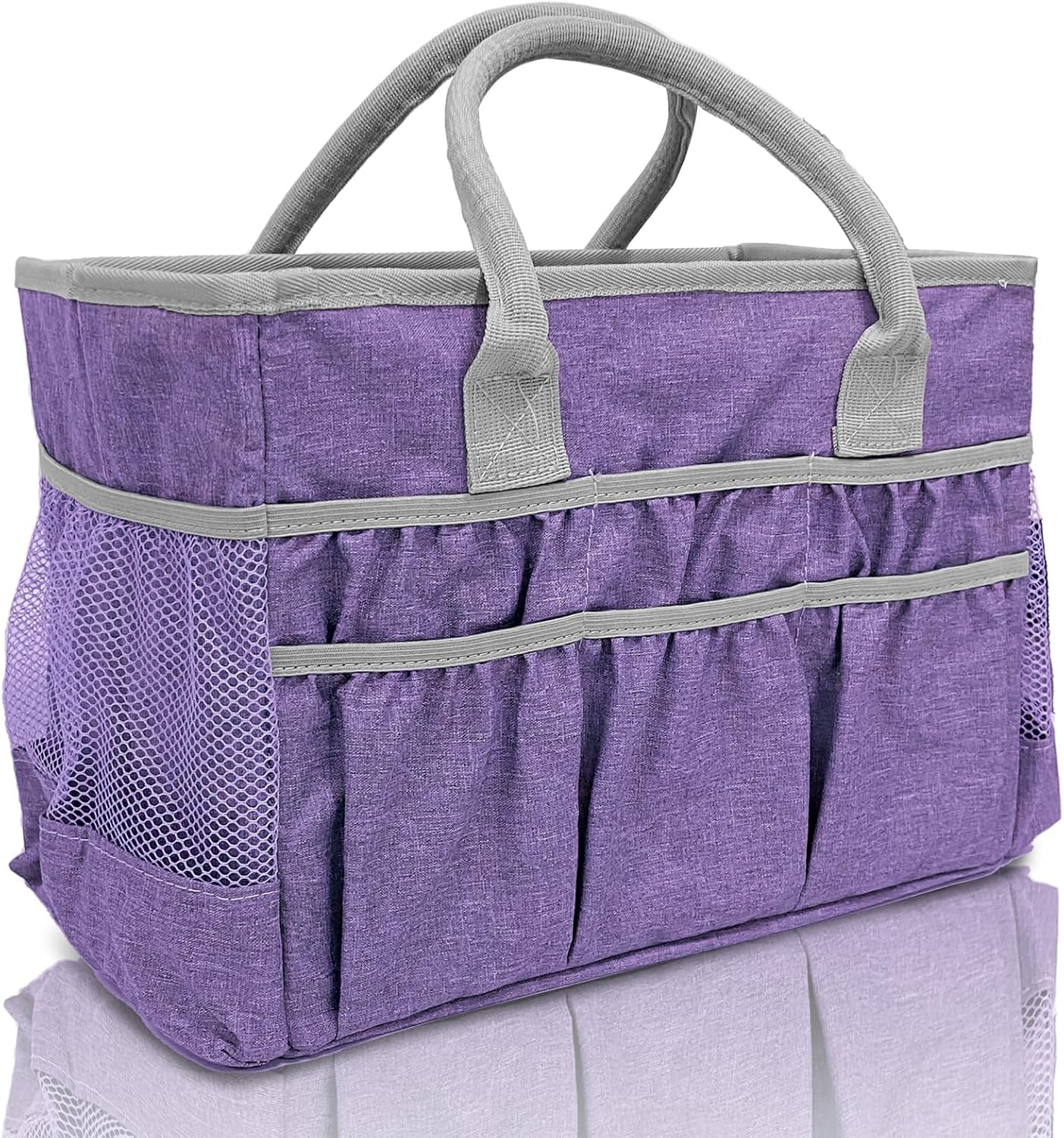 Cupohus Craft Organizer Tote Bag – Craft Caddy with 2 Mesh Side Pockets & Front Elastic Pockets, Foldable Large Capacity Supply Storage Bag for Sewing, Knitting, Painting, and Travel (Purple)
