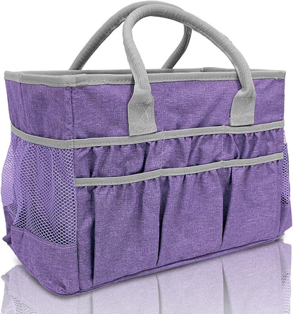 Cupohus Craft Organizer Tote Bag – Craft Caddy with 2 Mesh Side Pockets & Front Elastic Pockets, Foldable Large Capacity Supply Storage Bag for Sewing, Knitting, Painting, and Travel (Purple)