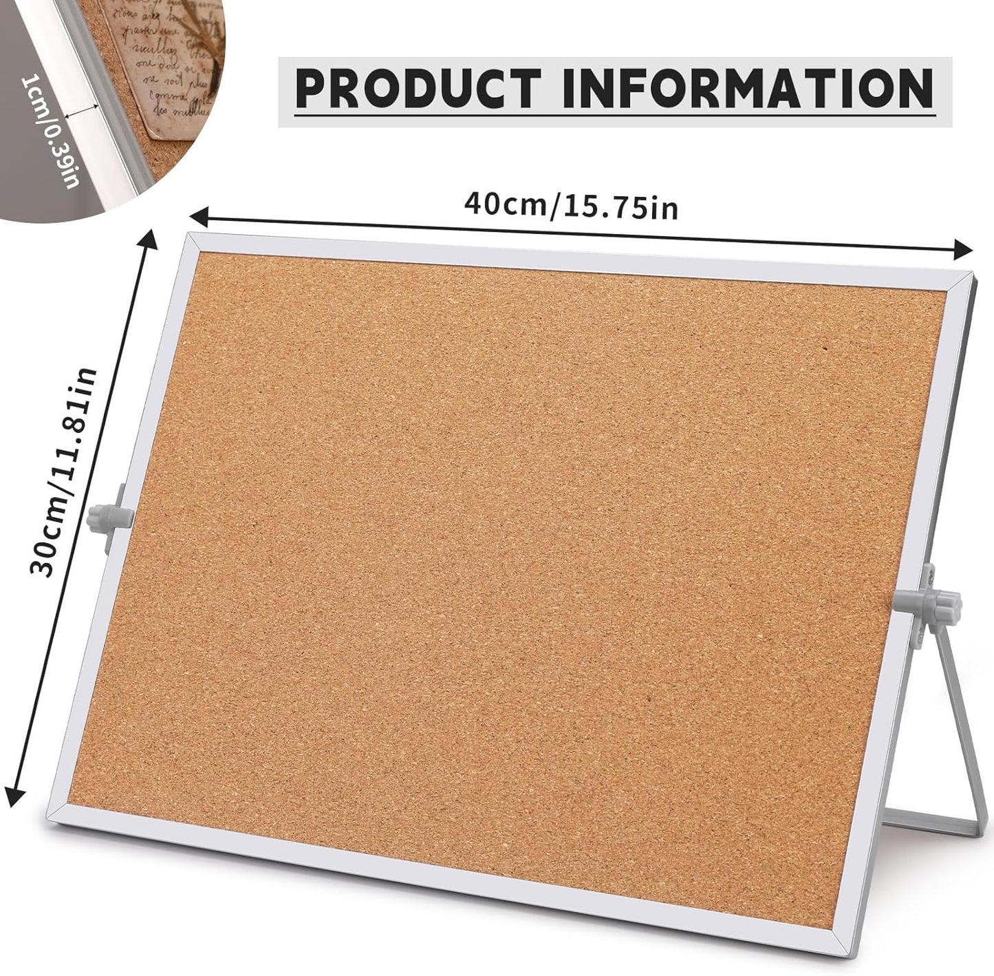 9.8"×9.8" Cork Board Bulletin Board, Double Sided Pin Board with Silver Aluminum Border, Desktop Small Cork Board with Stand Suitable for Home, Office, Desk Message Board or Picture Board