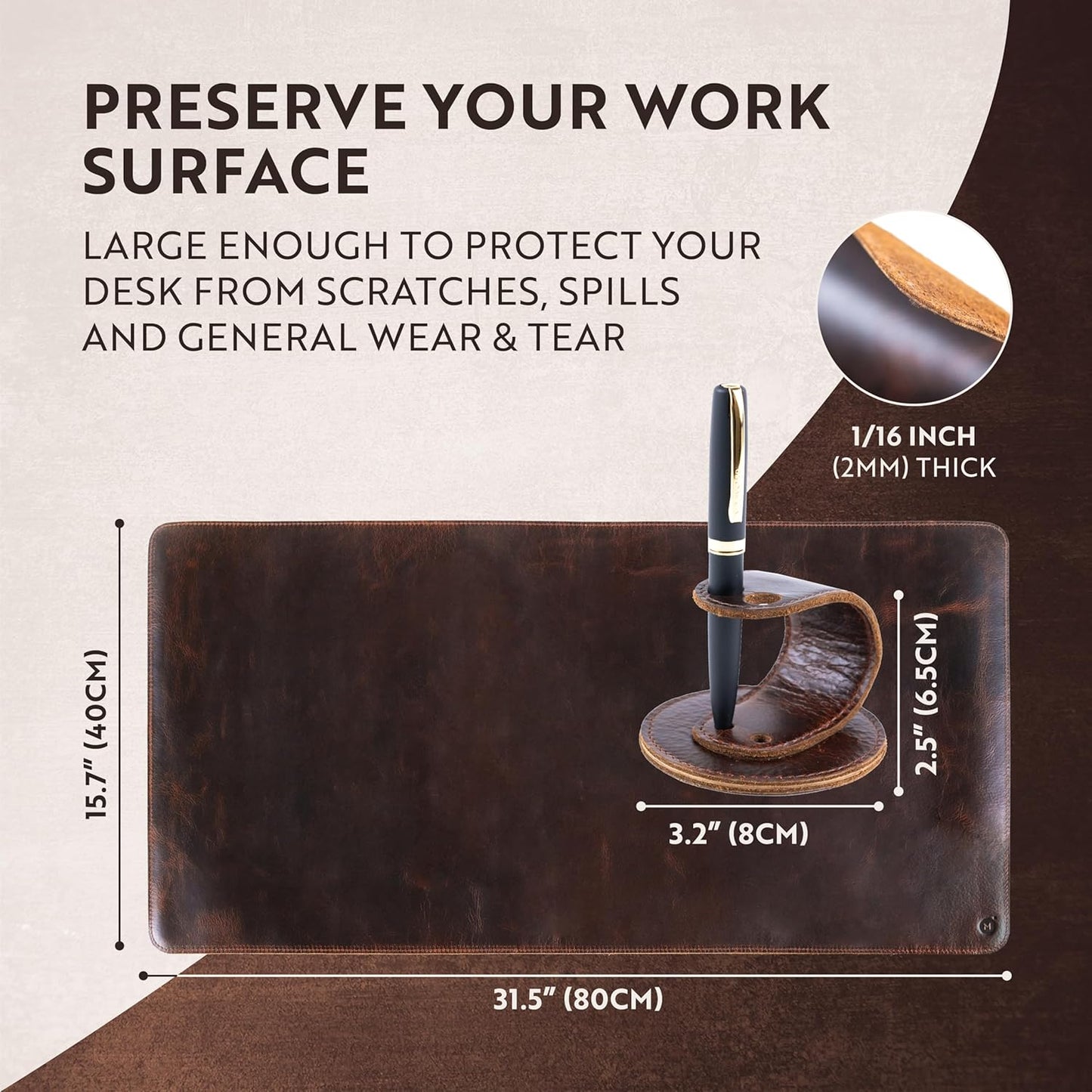 moonster 100% Genuine Leather Desk Pad with Ballpoint Pen Holder – Desk Mat Protector for Office Tables - Large Mouse Pad, Non-Slip PU Leather Desk Blotter, Laptop Desk Cover 31" x 16"