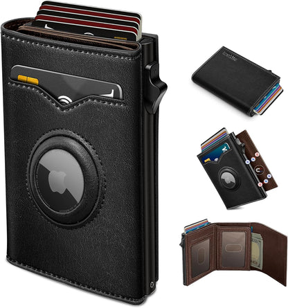 miyozi Airtag Wallet for Men,with Cash Pocket 2 ID Window 9-12 Cards,Metal Case Smart Slim Pop Up Credit Card Holder Flip with Magnetic Closure RFID Blocking Trifold wallet with Gift Box