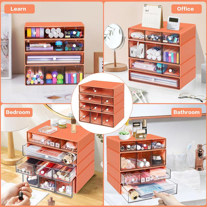Desk Storage Organizer with 9 Drawers, 4 Tiers Stackable Desktop Craft Storage Drawers, Clear Storage Box Caddy for Stationary Makeup Jewelry Office Craft Supplies (Green)
