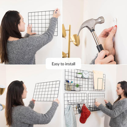2 Pack Wire Wall Grid Panel With Accessories | Includes Hanging Basket, Shelf & Hook Rack | Photo Grid Wall Panels | Hanging Home, Office & Kitchen Décor | Metal & Black