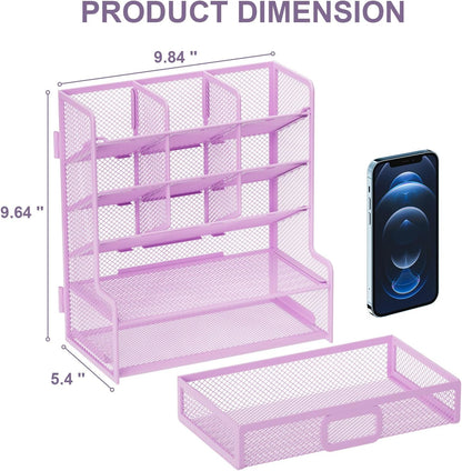 Marbrasse Larger Mesh Desk Organizer with Drawer, Multi-Functional Pen Pencil Holder, Easy Assembly, Desk Organizers and Accessories for Office Art Supplies (Black)