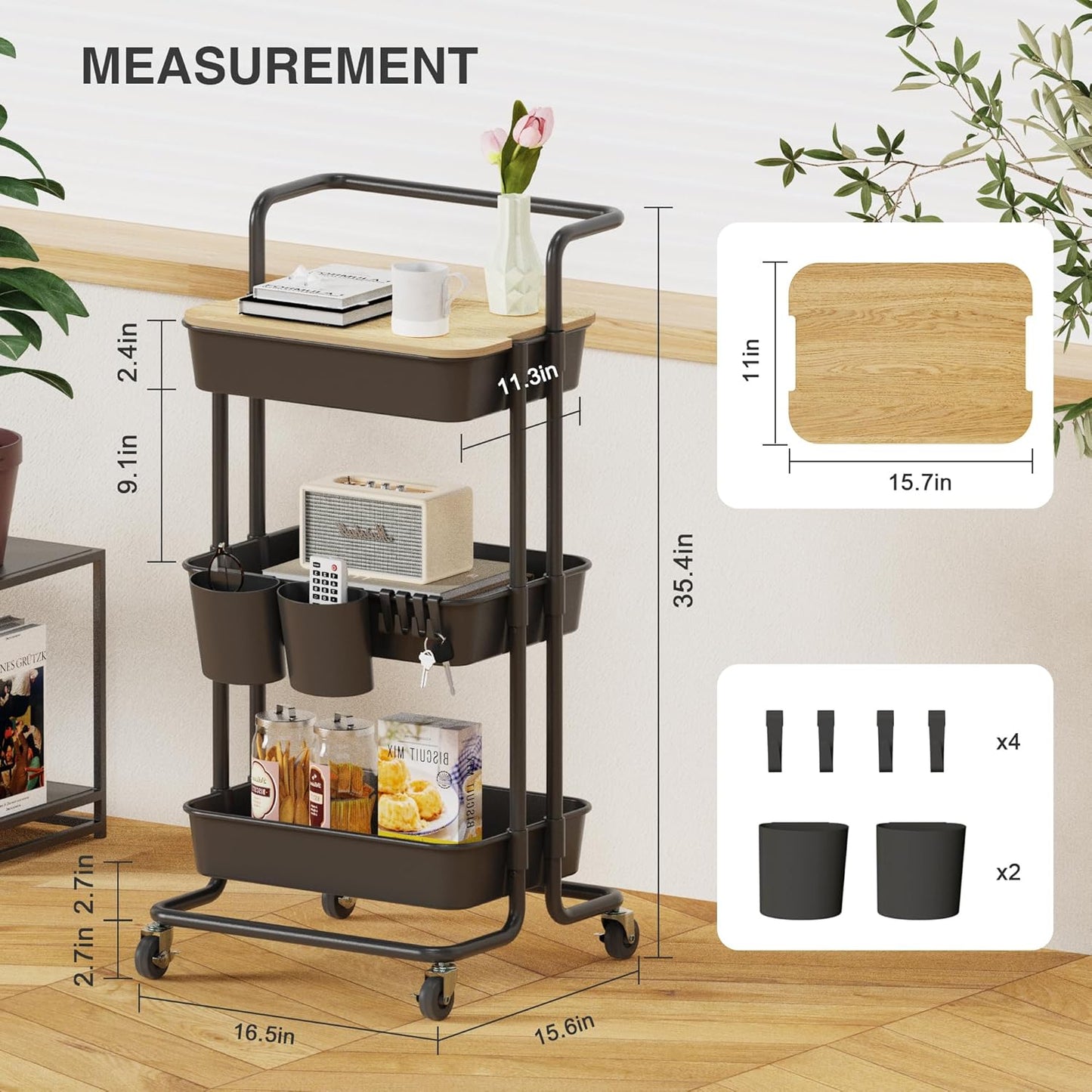 DTK 3 Tier Metal Utility Rolling Cart with Table Top and Side Bags, Tray Storage Organizer Wheels, Art Craft 4 Hooks for Kitchen Bathroom Office Living Room (Black)