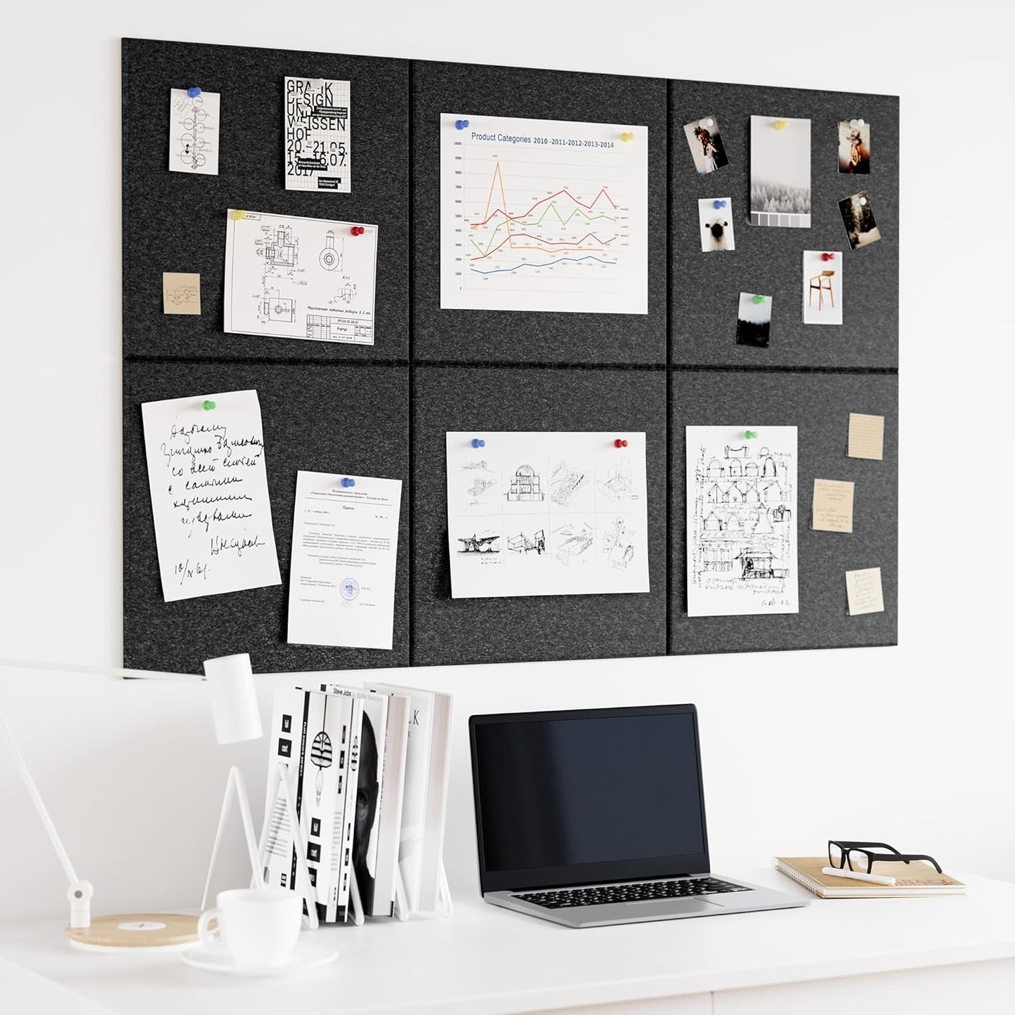 Neatsure Large Cork Board for Wall, Black Felt Bulletin Board with Pushpins, 36" x 24" 6 Panels Wall Tiles, Tack Push Pin Boards for Office