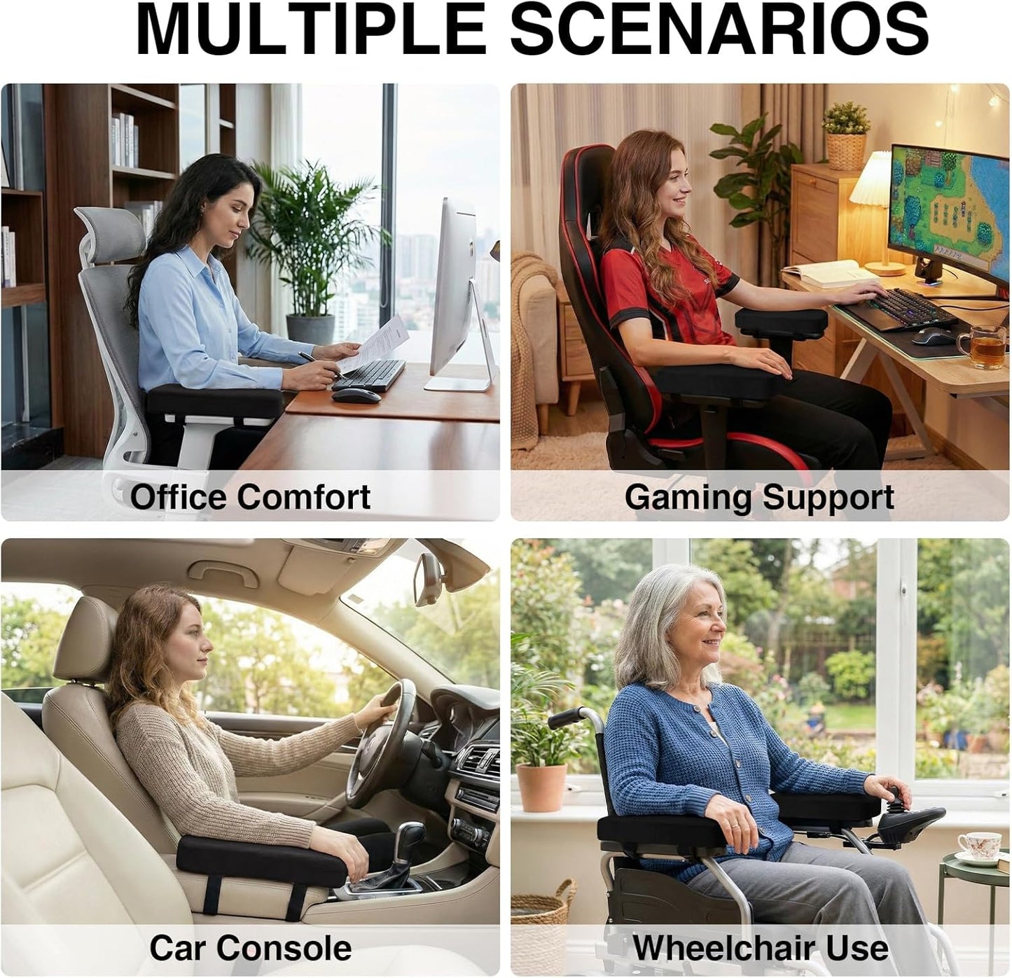 Smiry Ergonomic Office Chair Armrest Pads, Memory Foam Arm Rest Covers, Non-Slip Armrest Cushion with Adjustable Buckles and Straps, Elbow Relief for Desk, Gaming & Wheelchair (Black, Set of 2)