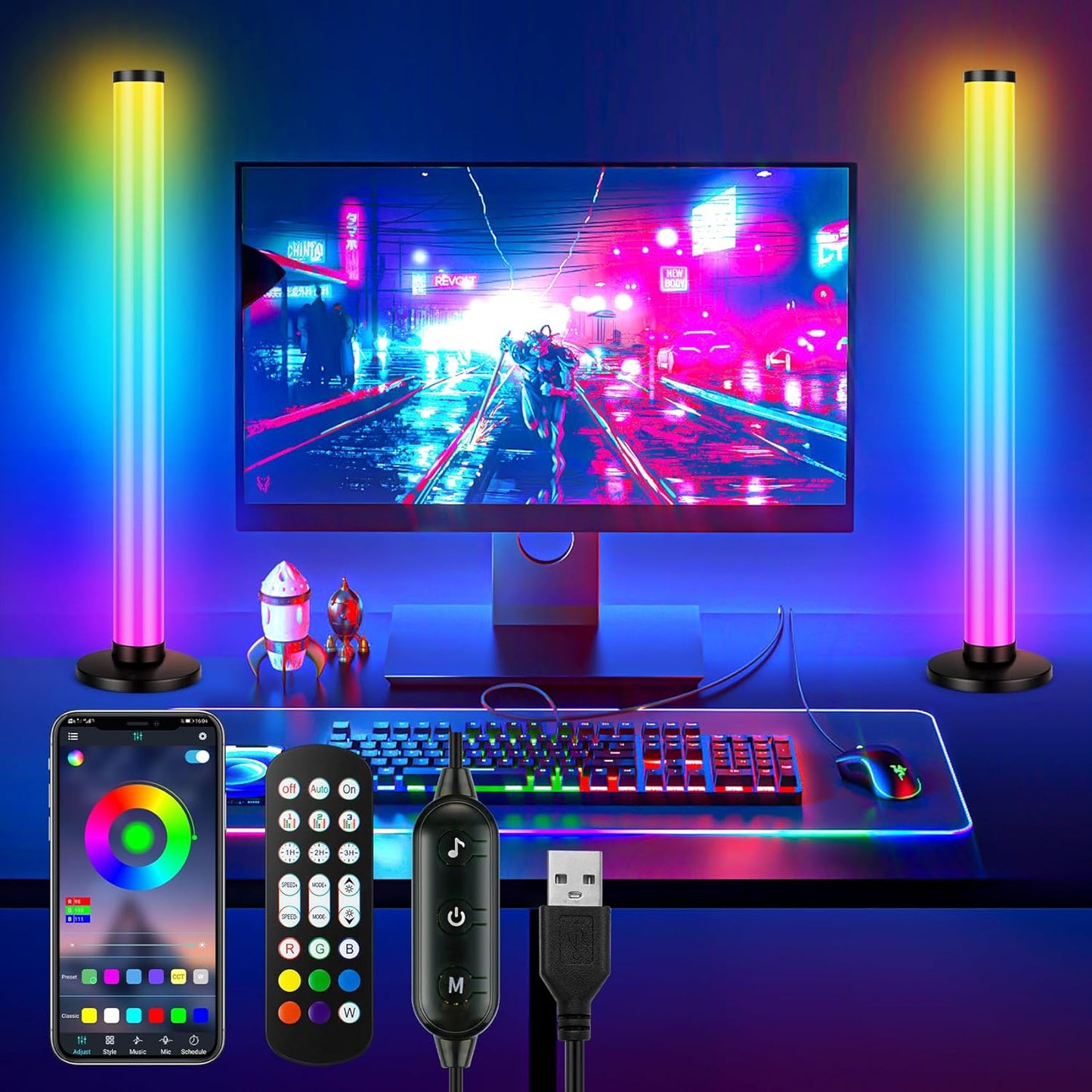 RGB Light Bars 360° Full-Screen Lighting, 2x16.5 Inch Smart RGB IC LED Light Bars for Room, Music Sync TV Lights Bar with Remote, App Control, USB Powered for PC Monitor Backlight Bedroom Gaming Desk