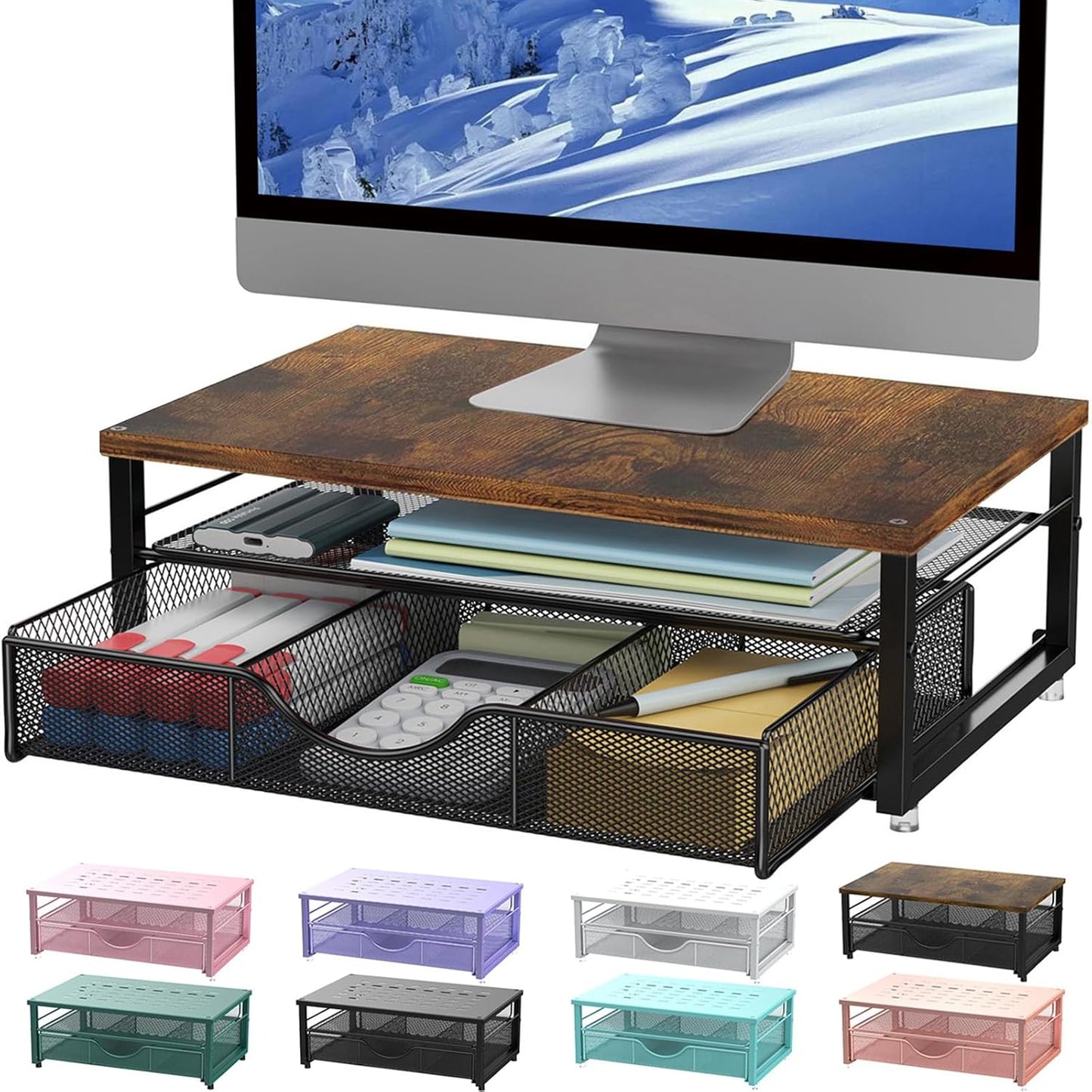 gianotter Computer Monitor Stand Riser, office organizer with Drawer, Office Organizers Storage for Classroom Office Supplies (Wood)