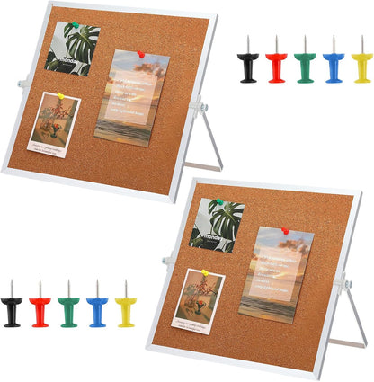 2 Pack Cork Bulletin Board, Double Sided Pin Boards with Silver Aluminum, Desktop Small Cork Boards with Stand Suitable for Home, Office, Desk Message Picture Board 11.8"×11.8"