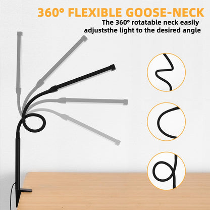 Voncerus LED Desk Lamp with Clamp, Eye-Caring Clip on Lights for Home Office, 3 Modes 10 Brightness, Long Flexible Goose-Neck, Metal, Swing Arm Architect Task Table Lamps with USB Adapter, White