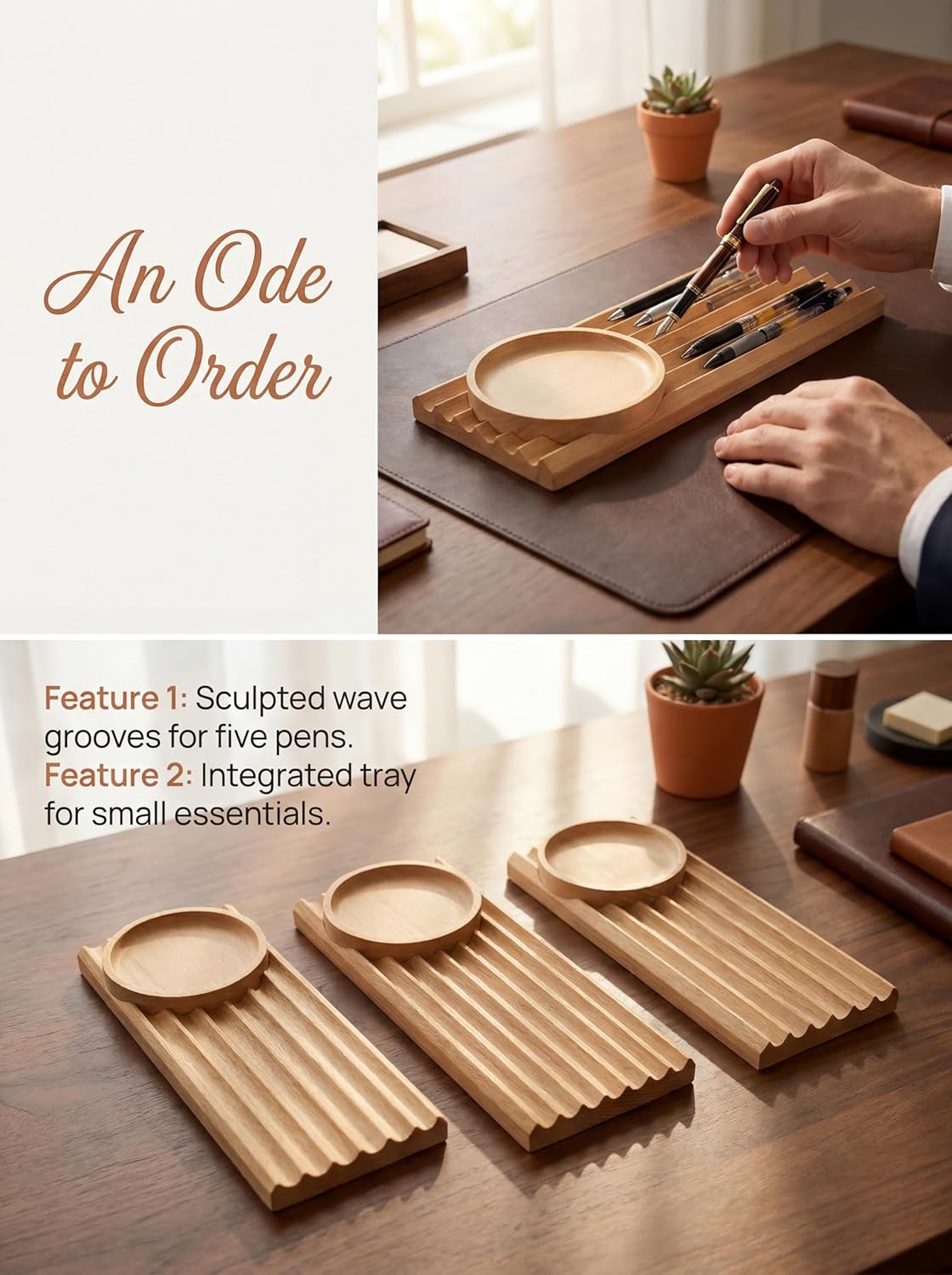 Horizontal Pen Holder for Desk, Walnut Pen Holder with 5 Compartments,Pen Tray Office Accessory, Teacher Gifts, Suitable for School, Home,Pen Tray for Desk (Walnut)