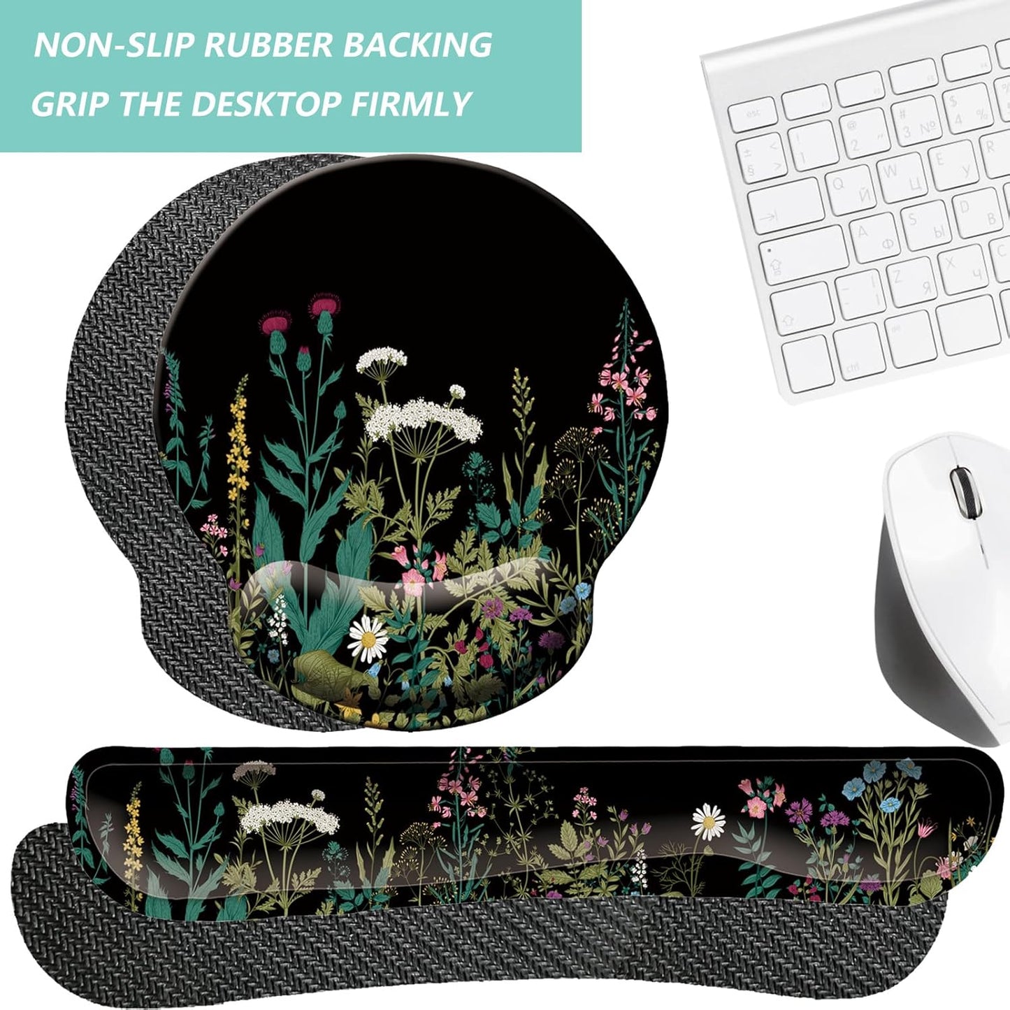 Keyboard Wrist Rest Pad Mouse Pad with Wrist Support Set of 3, Mousepad with Non-Slip Rubber Base, Ergonomic Memory Foam Mouse Wrist Cushion Support for Home Office Laptop Computer Gaming, Forest