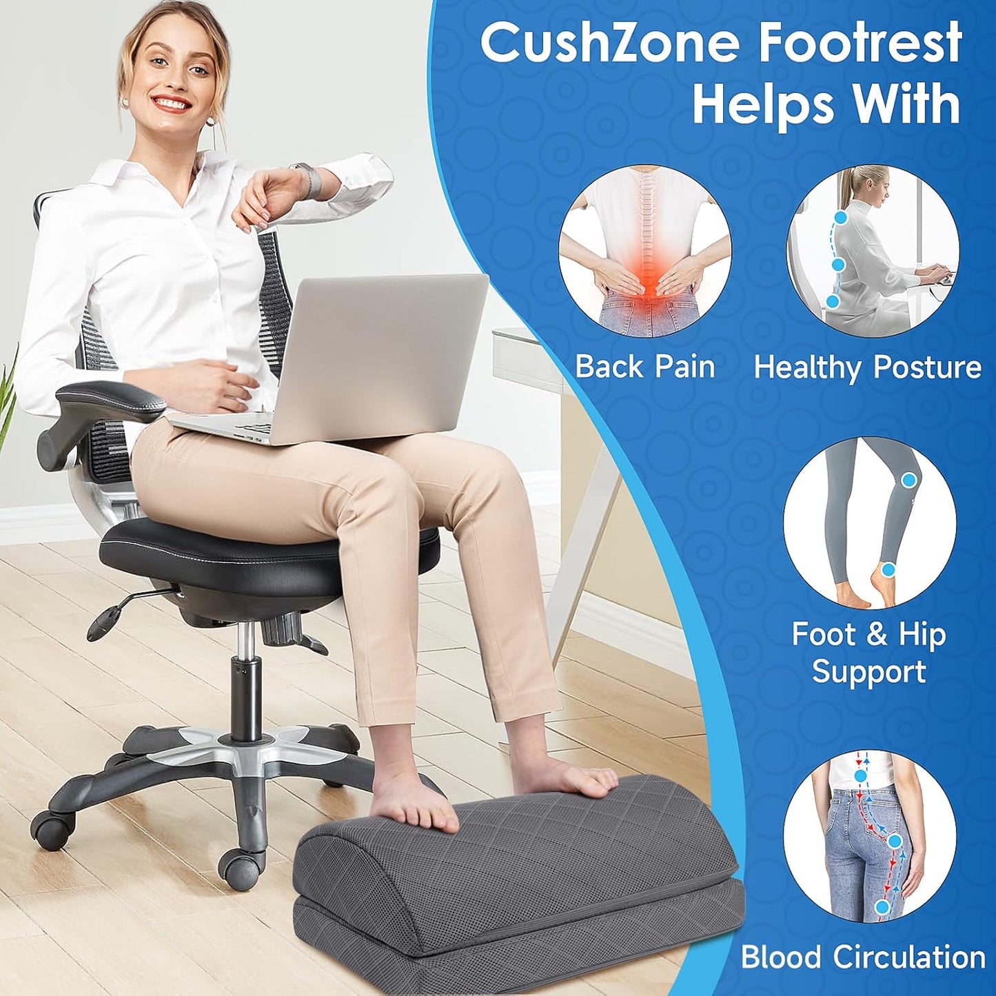 CushZone Foot Rest,Desk & Gaming Accessories,Foot Rest for Under Desk at Work,Comfortable Footrest with 2 Adjustable Heights & Removable Cover, Office Desk Accessories（Gray）
