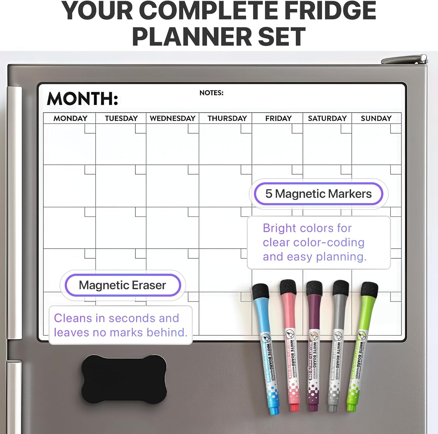 Magnetic Whiteboard for Fridge - Large Dry Erase Calendar for Wall | 2 Magnetic Dry Erase Board 10.5" x 16.5" & 7" x 16.5", Monthly Goal Setting & Habit Tracker, 5 Markers and 6 Adhesive Hooks