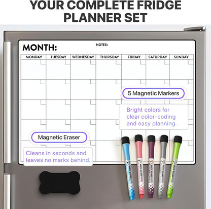 Magnetic Whiteboard for Fridge - Large Dry Erase Calendar for Wall | 2 Magnetic Dry Erase Board 10.5" x 16.5" & 7" x 16.5", Monthly Goal Setting & Habit Tracker, 5 Markers and 6 Adhesive Hooks