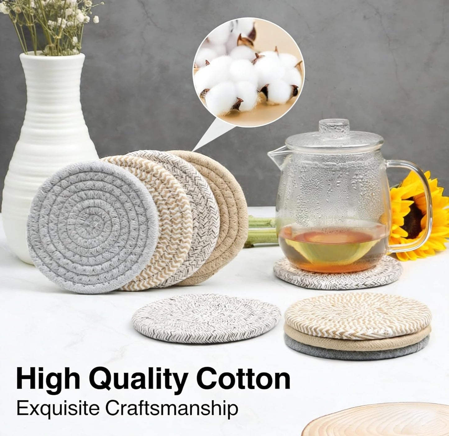 4.8" Drink Cotton Coasters Set of 2 – Boho Woven Drink Pads for Coffee & Tea, Neutral Sandstone Blend Fabric Cup Mats for Desk, Table, Nightstand, Dorm, Giftable Absorbent Coaster Set (Latte)