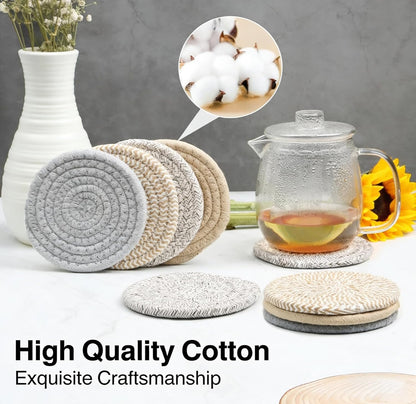 4.8" Drink Cotton Coasters Set of 2 – Boho Woven Drink Pads for Coffee & Tea, Neutral Sandstone Blend Fabric Cup Mats for Desk, Table, Nightstand, Dorm, Giftable Absorbent Coaster Set (Latte)