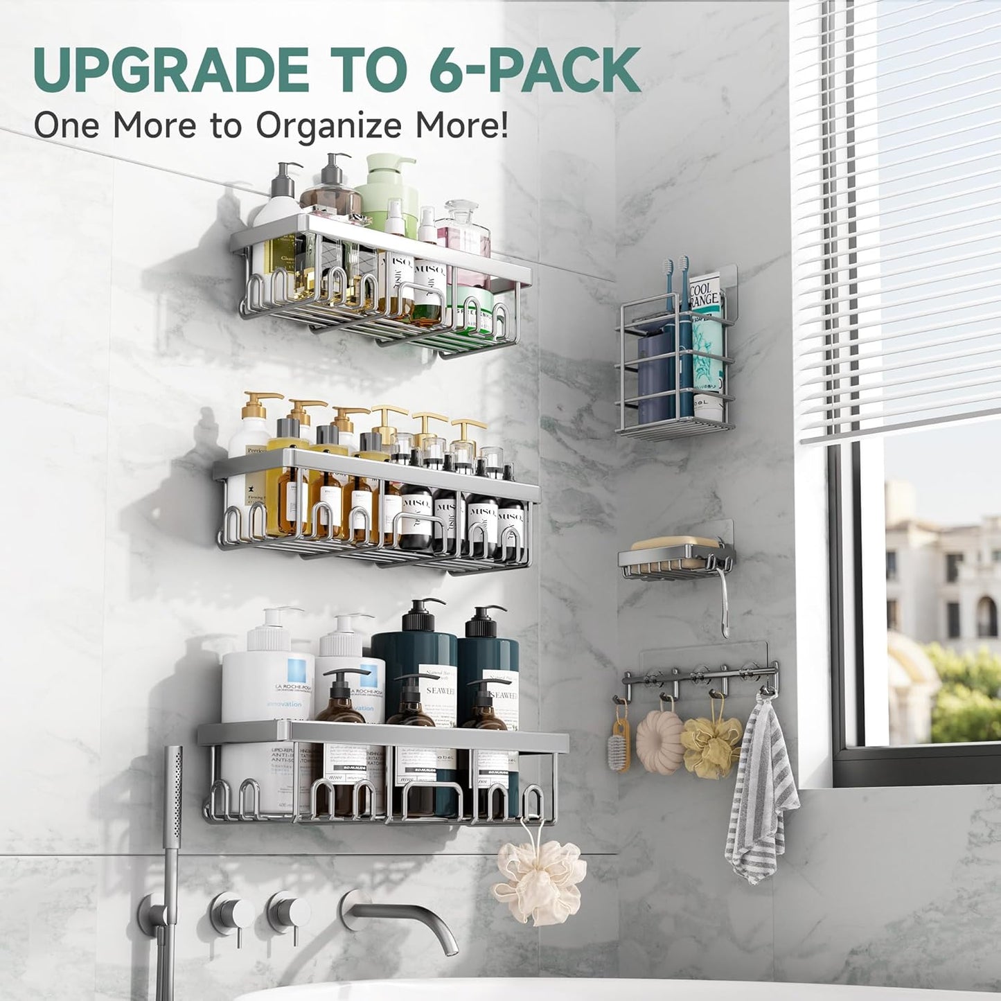 Veken Shower Caddy 6-Pack, Advanced Rustproof Design, No Drilling Adhesive Shelves, Rack with Soap Holder, Large Capacity Bathroom Organizers and Storage, Wall-Mounted Kitchen & Home Decor