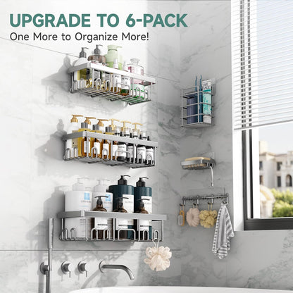 Veken Shower Caddy 6-Pack, Advanced Rustproof Design, No Drilling Adhesive Shelves, Rack with Soap Holder, Large Capacity Bathroom Organizers and Storage, Wall-Mounted Kitchen & Home Decor