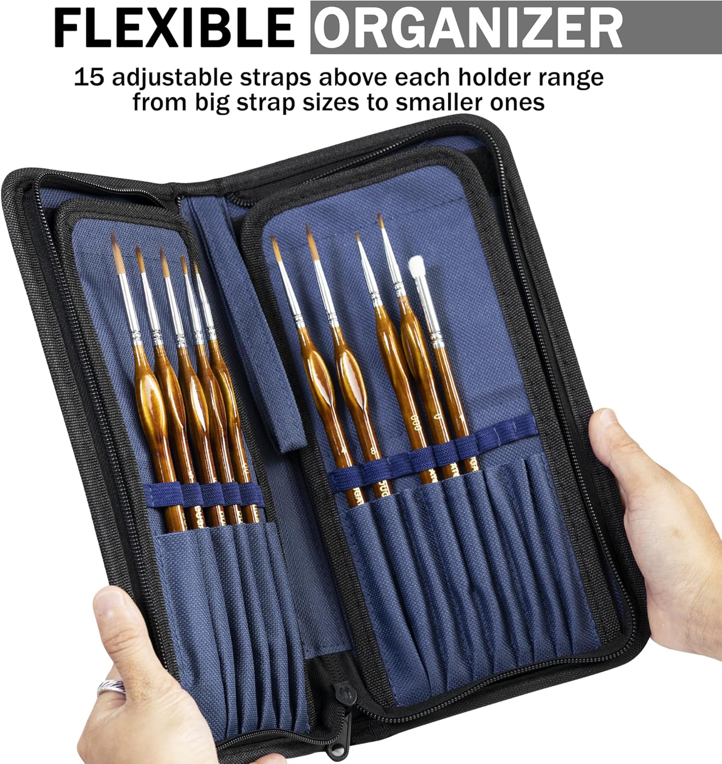 DUGATO Short Paint Brush Holder & Organizer 5.4x10.7 Inches, Blue Canvas Bag for Brushes up to 9.3" Length, Case with 15 Slots, Artist Brush Carrying Case (Brush Not Included)