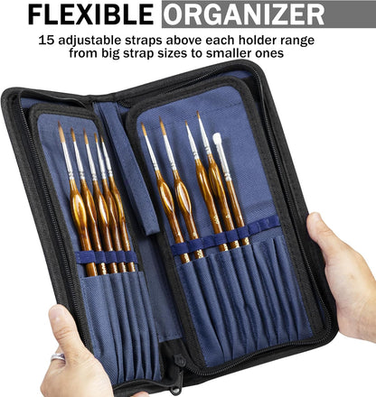 DUGATO Short Paint Brush Holder & Organizer 5.4x10.7 Inches, Blue Canvas Bag for Brushes up to 9.3" Length, Case with 15 Slots, Artist Brush Carrying Case (Brush Not Included)