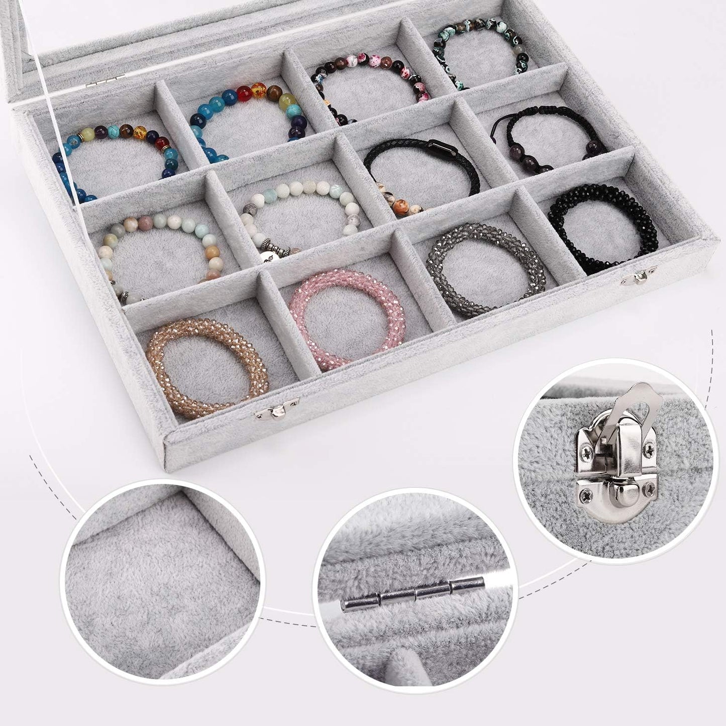 Emibele Glasses Organizer Jewelry Tray, 8 Grids with Clear Lid Velvet Tray Watch Storage Stackable Jewelry Showcase Display Storage with Detachable Inner Dividers, Beige