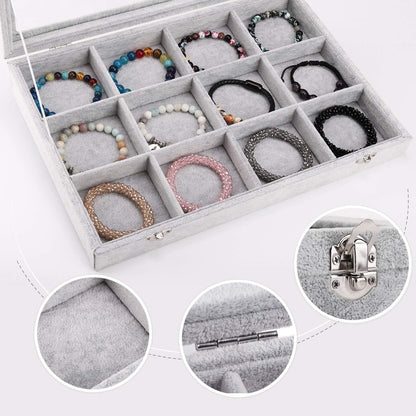 Emibele Glasses Organizer Jewelry Tray, 8 Grids with Clear Lid Velvet Tray Watch Storage Stackable Jewelry Showcase Display Storage with Detachable Inner Dividers, Beige