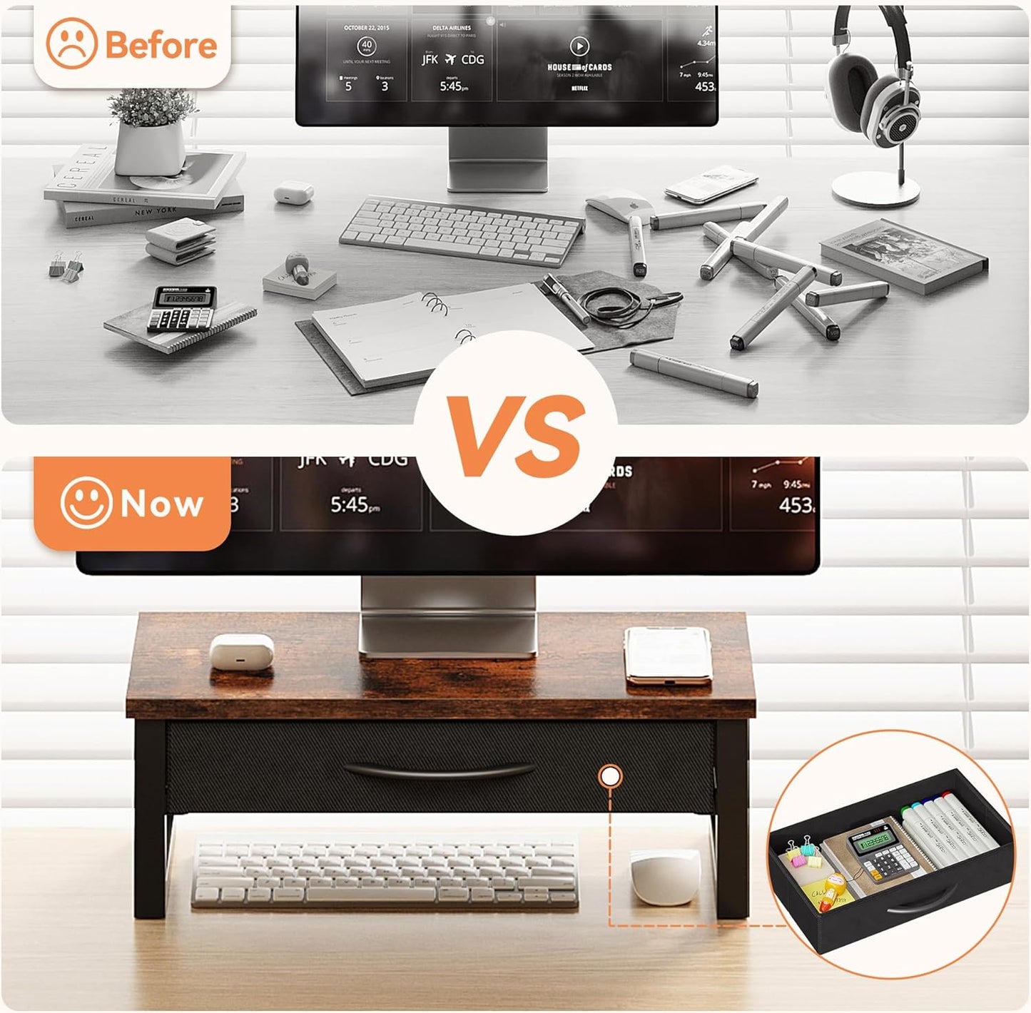 Computer Monitor Stand Riser, Desk Organizers and Accessories with Drawer, 2-Tier Laptop Stand for Desk, Office Organizer Storage, Wood