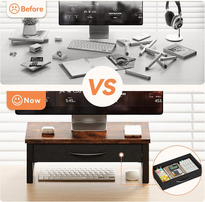 Computer Monitor Stand Riser, Desk Organizers and Accessories with Drawer, 2-Tier Laptop Stand for Desk, Office Organizer Storage, Wood