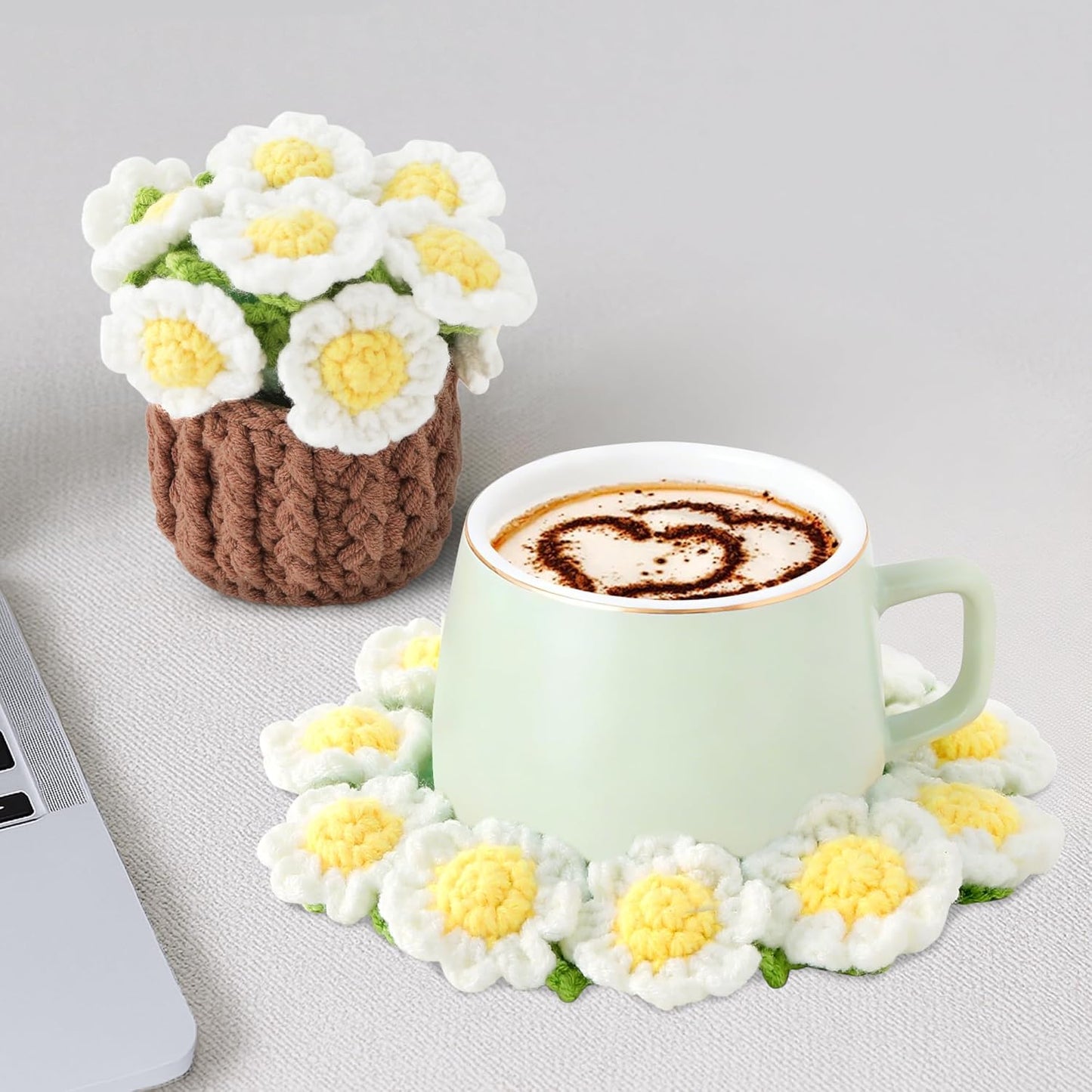 Flower Crochet Coasters, Handmade Bouquet Blanket Coaster with Crochet Plant Pot Fun Soft Decorative Drink Coasters for Coffee Tabletop Protection and Home Decor (Pink, 1Pc)