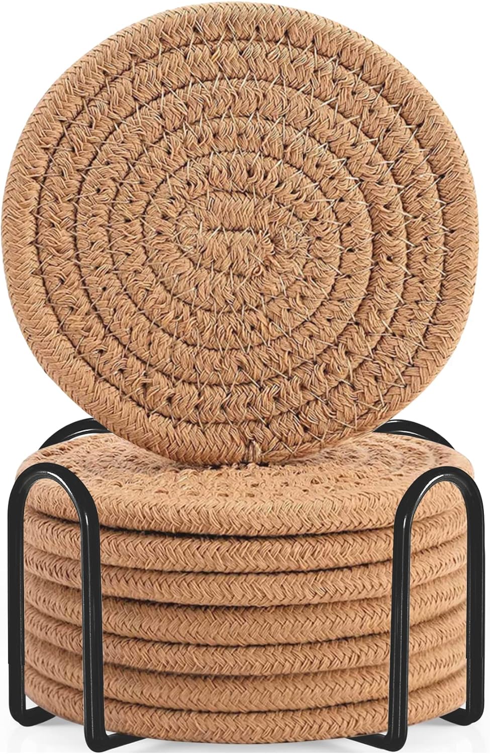 ABenkle 8 Pcs Drink Coasters with Holder, Cotton Woven Absorbent Coasters for Drinks, Minimalist Home Decor Coaster Set for Wooden Tabletop Protection Table, 4.3 inches Mixed Brown