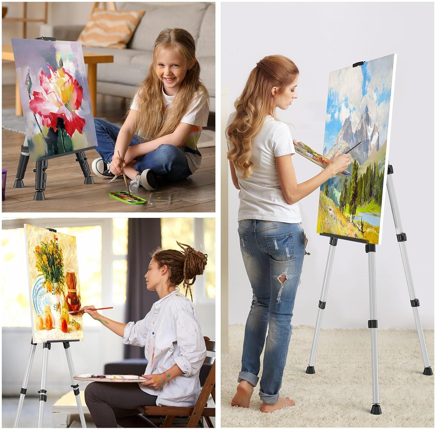 Art Painting Artist Easel Stand, Portable Adjustable Aluminum Metal Tripod Display Easel with Bag, Height from 17 to 66 inch for Table-Top/Floor Drawing and Displaying, Black