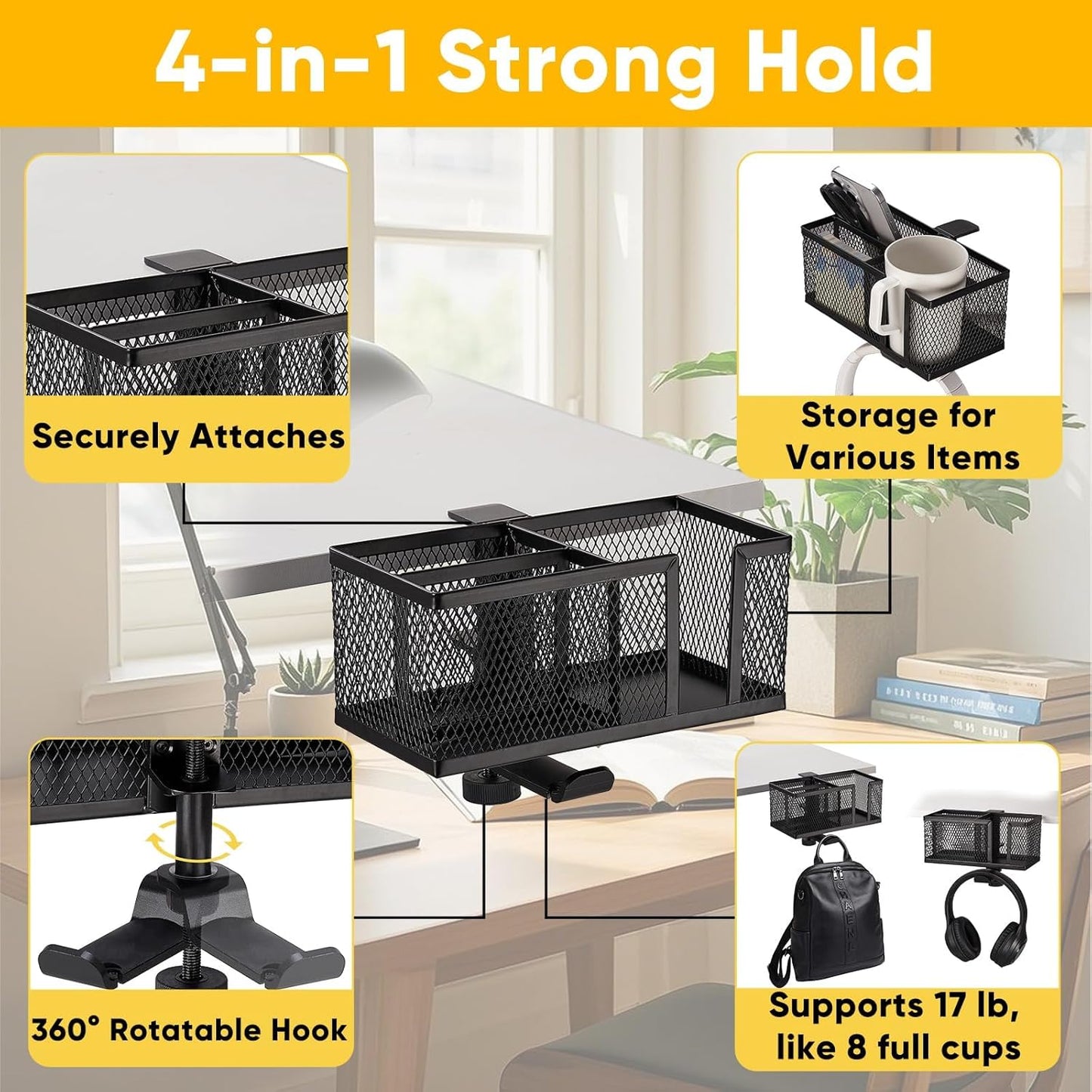 4 in 1 Metal Clip On Cup Holder Attachment for Gaming Desk or Table, Fits up to 40oz Cups, Sturdy and Easy to Clamp, Attachable Anti-Spill Cup Holder for Chair, Bedside, Bottles, Drinks - Black