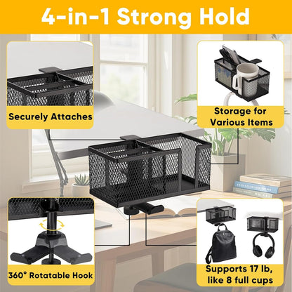 4 in 1 Metal Clip On Cup Holder Attachment for Gaming Desk or Table, Fits up to 40oz Cups, Sturdy and Easy to Clamp, Attachable Anti-Spill Cup Holder for Chair, Bedside, Bottles, Drinks - Black