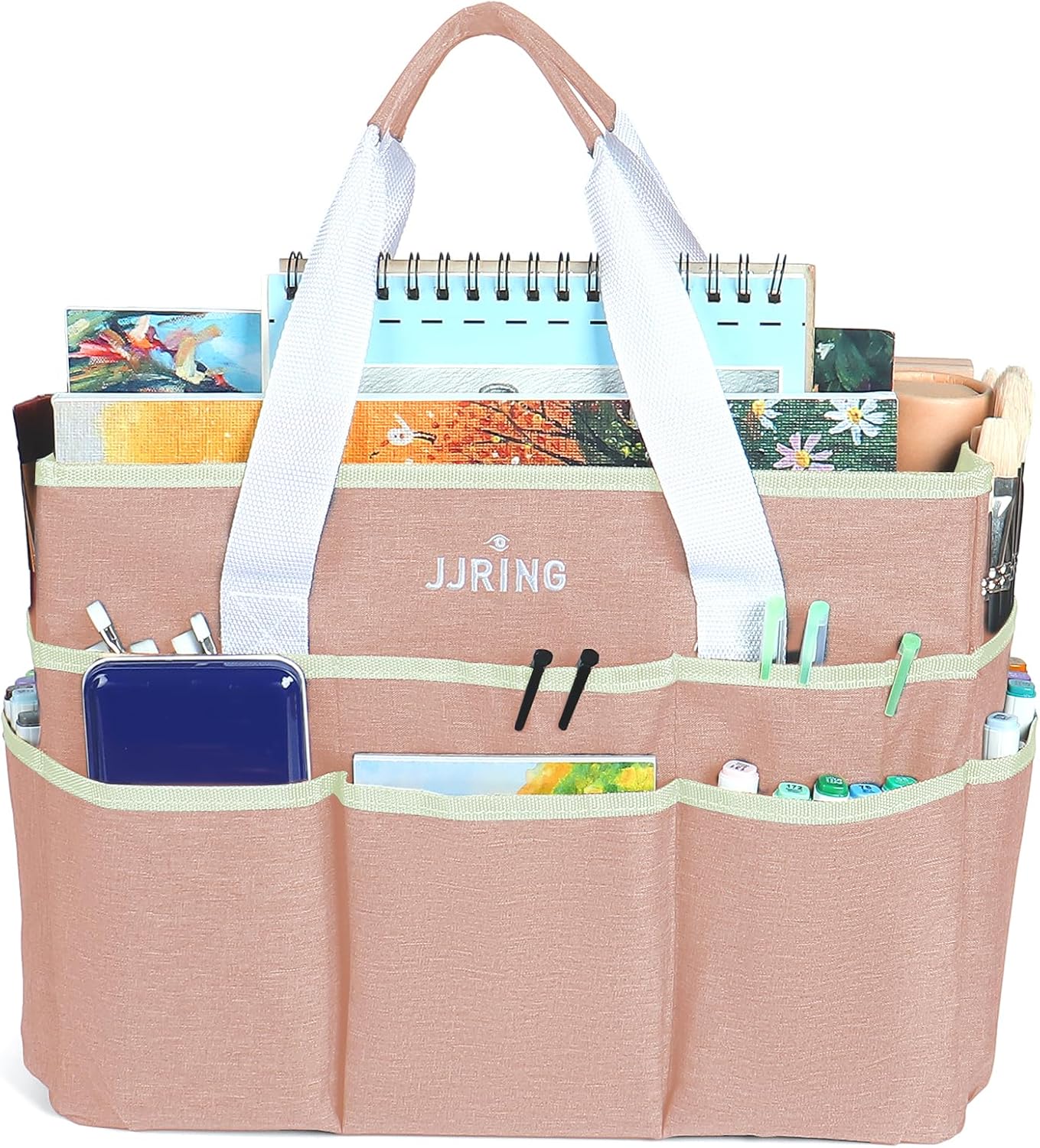 JJRING Craft Organizer Tote Bag for Art Storage, Caddy with Multiple Pockets, Bluish Green Sewing Bag for Scrapbooking, School, Medical, and Office Supplies