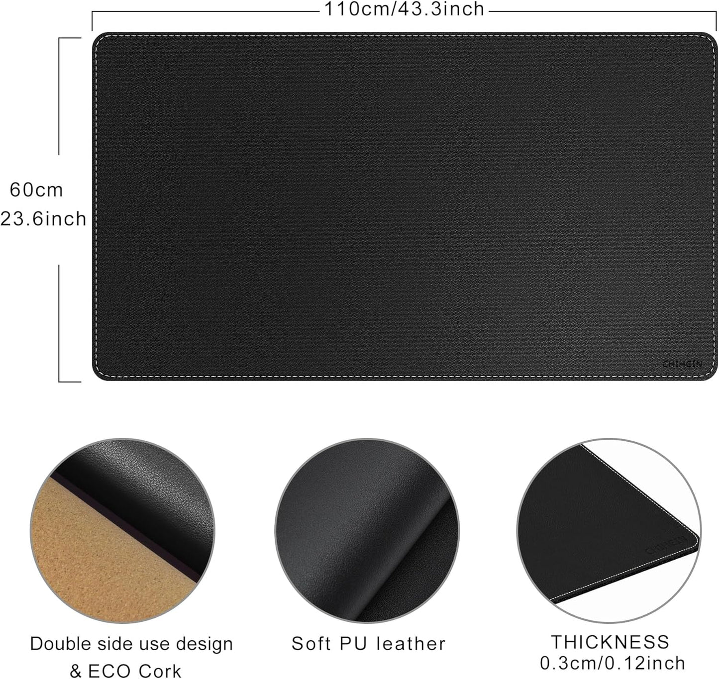 Chihein 2XL 35" x 16" Cork & PU Leather Desk Mat, Dual Sided Desk Pad Protector, Waterproof Writing Blotter for Gaming, Office, Home (Black)