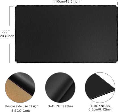 Chihein 2XL 35" x 16" Cork & PU Leather Desk Mat, Dual Sided Desk Pad Protector, Waterproof Writing Blotter for Gaming, Office, Home (Black)
