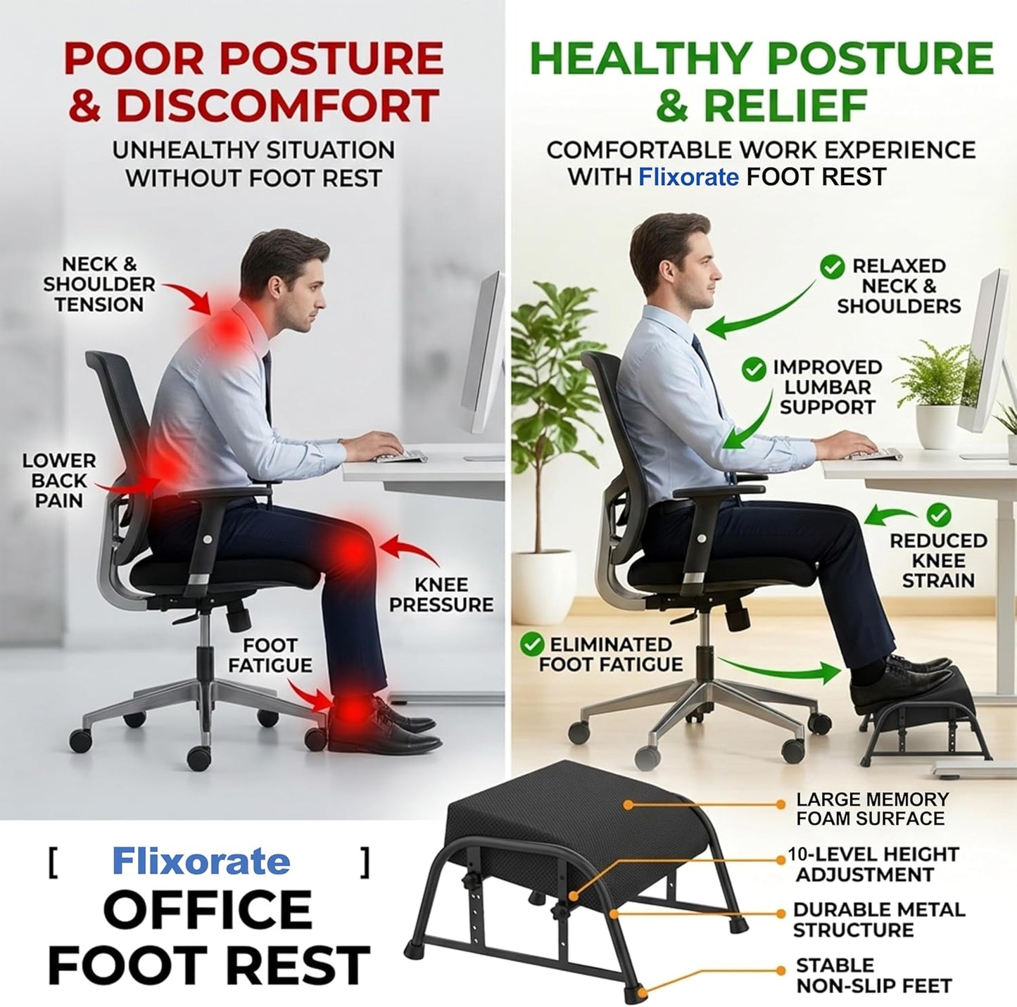 Under Desk Footrest with Memory Foam,Adjustable 10-Level Ergonomic Foot Rest for Office & Gaming Desk for Leg Rest,Reinforced Metal Frame,Non-Slip Base Extra Large（Black No Baseplate