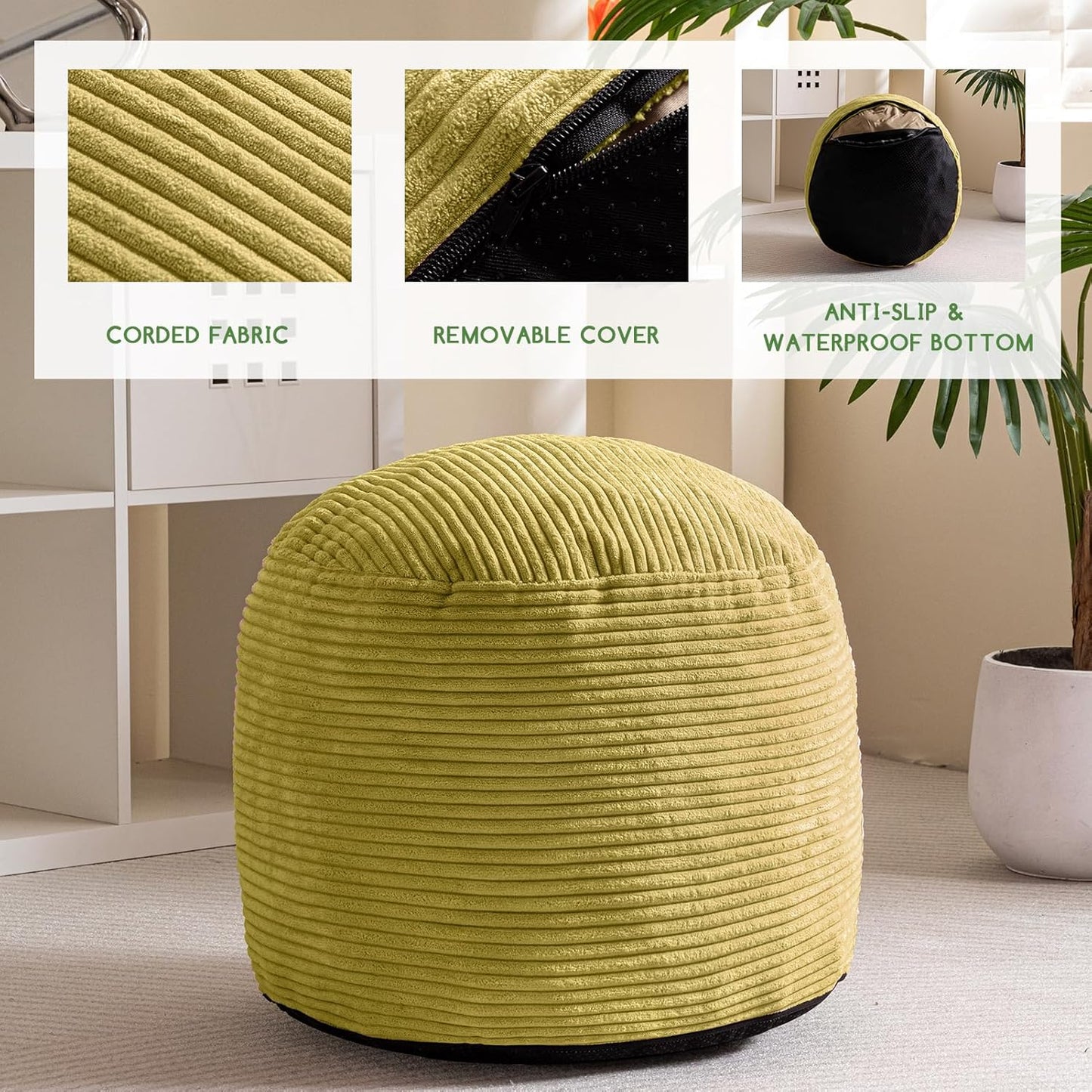 HIGOGOGO Round Stuffed Pouf Ottoman, Corduroy Poufs with Foam Chunk Filling, Furry and Fluffy Pouf Foot Stool Storage Ottoman, 20 X 15 Floor Poufs Foot Rest for Living Room, Dark Grey