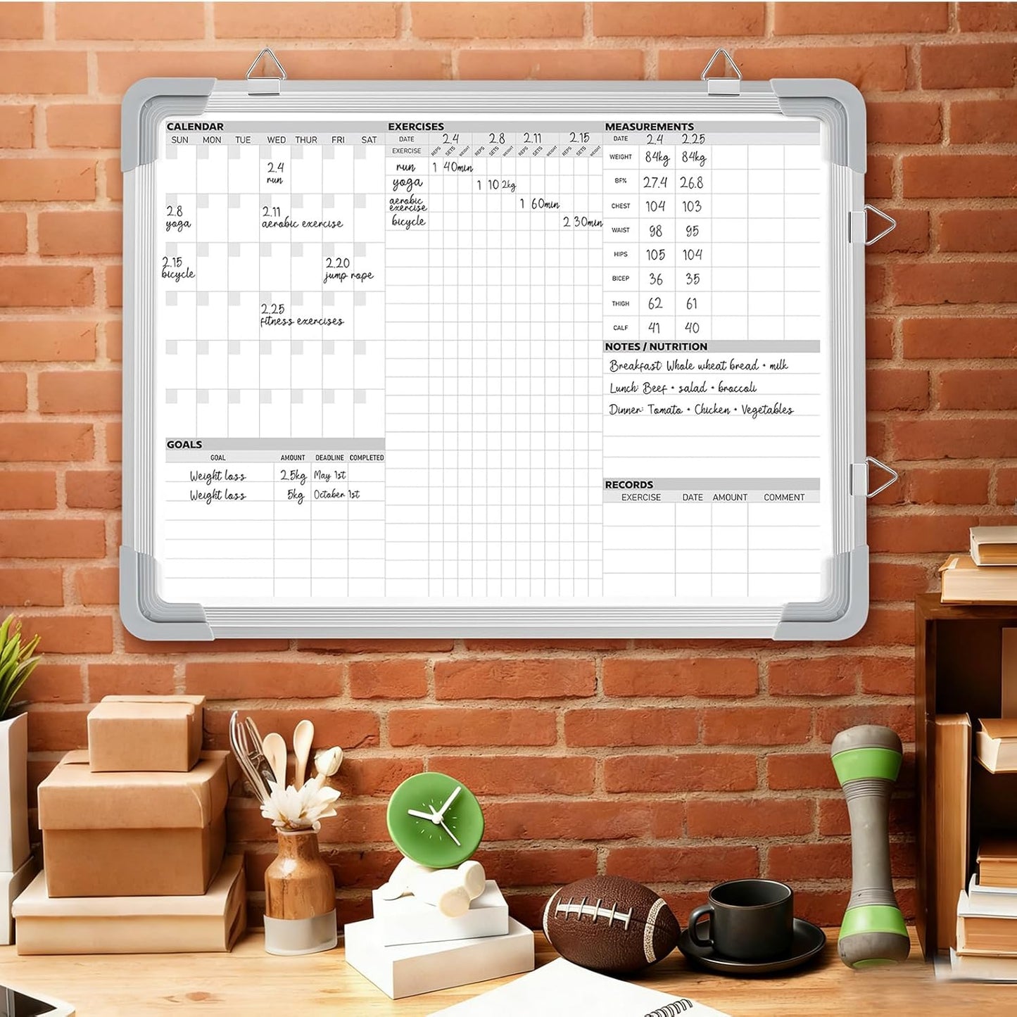 Lincia 16 x 12 Inch Fitness Tracker Whiteboard Workout Calendar for Home Gym Dry Erase Planner Hanging Removable to Do List for Wall Whiteboard with Aluminum Frame for Gym Program(Style A)