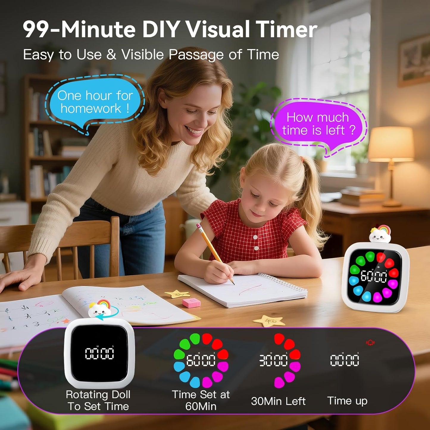 Yunbaoit Digital Visual Timer for Kids, Rechargeable 99-Minute Silent Countdown Timer with 19 Ringtones, 9 Optional DIY Color Star Display, Time Management Tool with Pause Function (Rainbow)